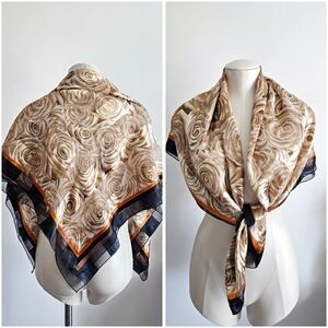 VTG Luxurious Silk Feel Champagne Rose Design Elegant Tan Floral Large 41" Scarf
